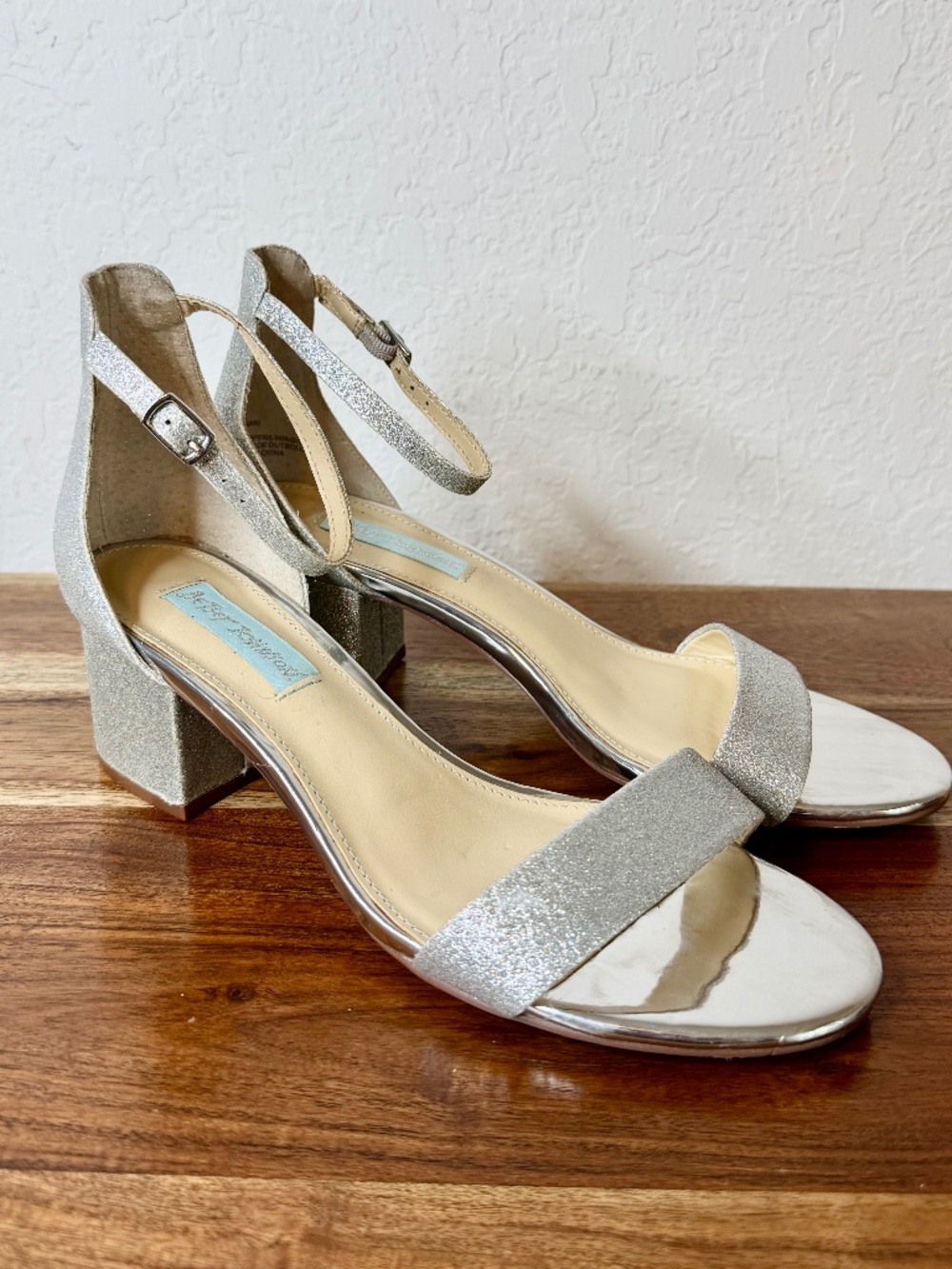 Blue by Betsey Johnson "Miri" Silver Glitter Ankle Strap Sandal, Size 8